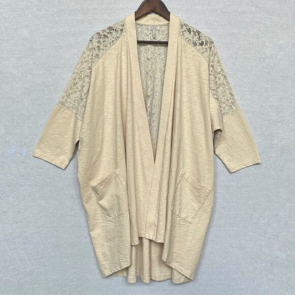 Logo by Lori Goldstein Open Cardigan Women M/L Beige Lace Detail Pockets D16 - Picture 1 of 12